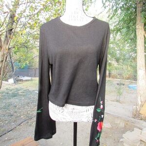Embroided Black Long Sleeve Top